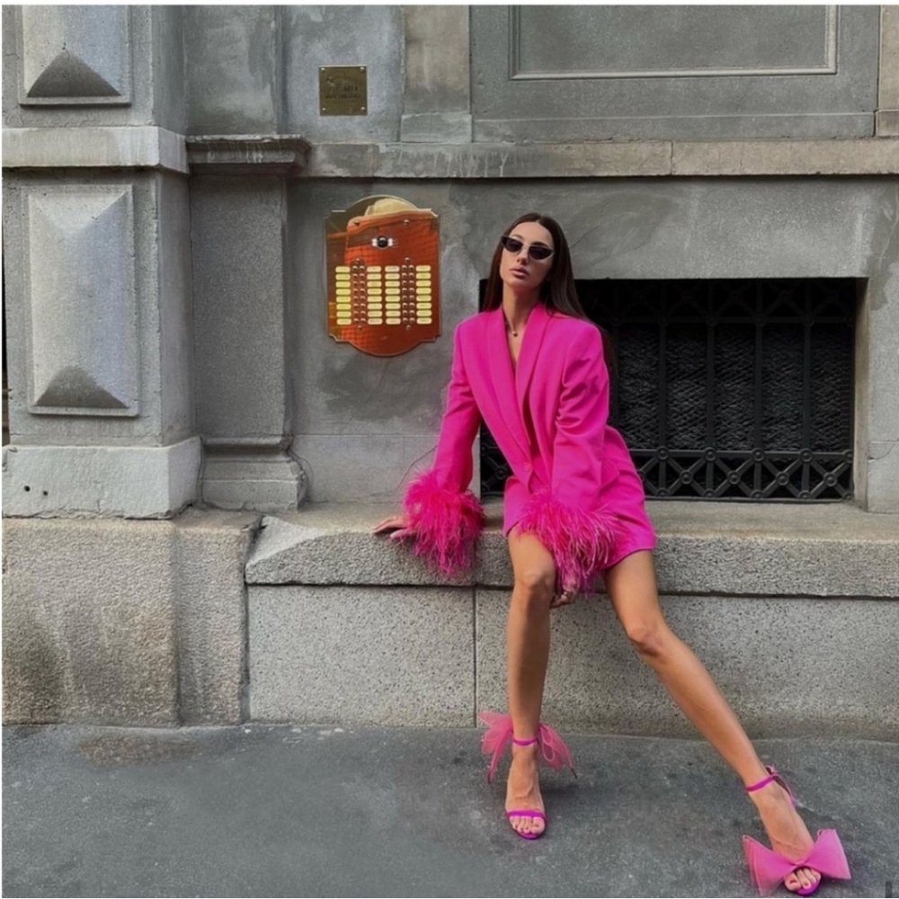 Zara Straight Cut  Pink Feather Blazer NWT Size L - Picture 9 of 14